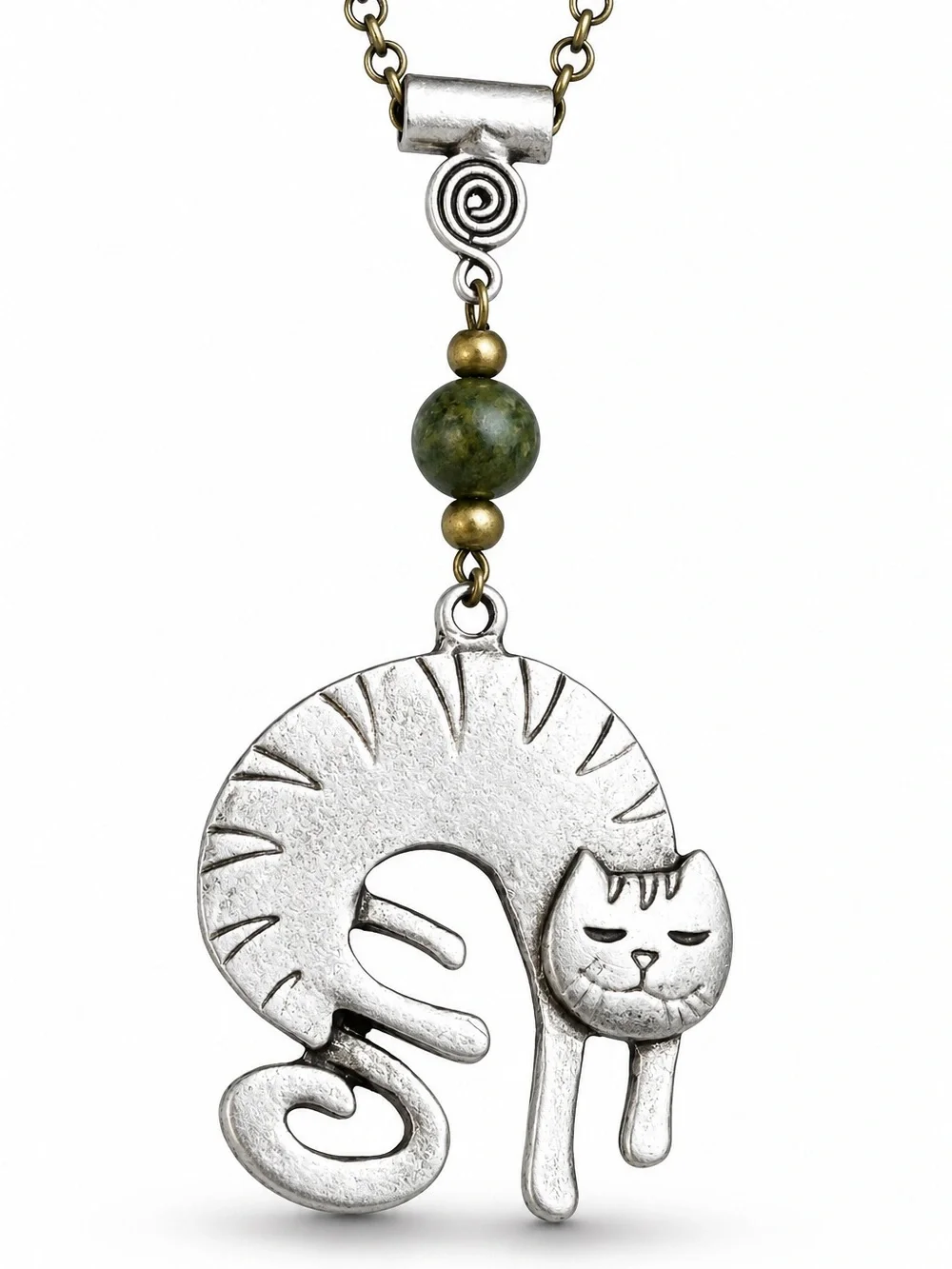 Sleeping Cat Necklace, Antique Bronze Chain, Green Bead, 20 Inch